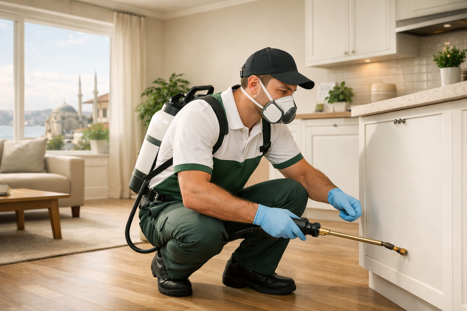 Koruyucu ekipmanla kontrollü uygulama yapan profesyonel ilaçlama uzmanı