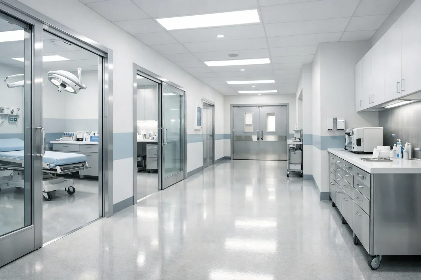 Sağlık kurumu kullanımını temsil eden klinik koridoru