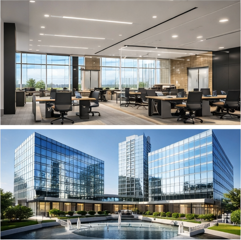 Ofis ve plaza kullanımını temsil eden modern çalışma alanı