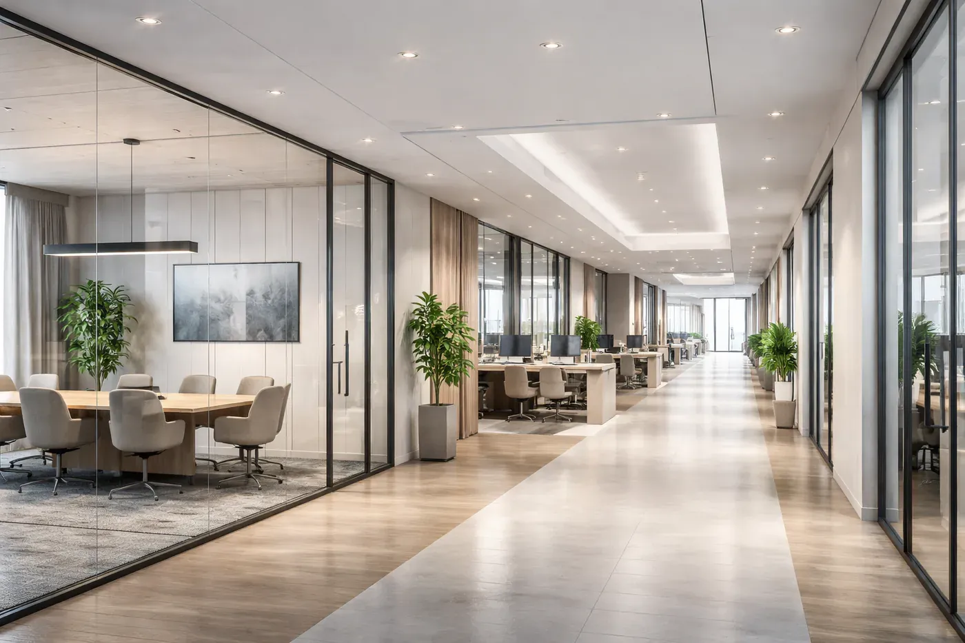 Ofis ve plaza kullanımını temsil eden modern çalışma alanı