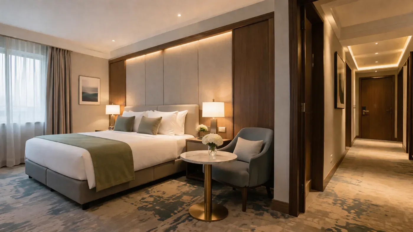 Otel ve konaklama kullanımını temsil eden oda ve lobi görünümü