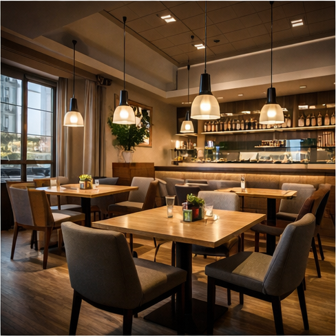 Restoran ve gıda alanı kullanımını temsil eden ticari mutfak görünümü